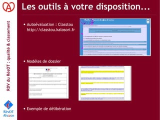 RDVduRésOT :qualité&classement Les outils à votre disposition...
● Autoévaluation : Classtou
http://classtou.kalosori.fr
● Modèles de dossier
● Exemple de délibération
 