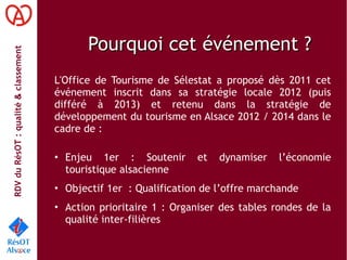 RDVduRésOT :qualité&classement
Pourquoi cet événement ?Pourquoi cet événement ?
L'Office de Tourisme de Sélestat a proposé dès 2011 cet
événement inscrit dans sa stratégie locale 2012 (puis
différé à 2013) et retenu dans la stratégie de
développement du tourisme en Alsace 2012 / 2014 dans le
cadre de :
• Enjeu 1er : Soutenir et dynamiser l’économie
touristique alsacienne
• Objectif 1er : Qualification de l’offre marchande
• Action prioritaire 1 : Organiser des tables rondes de la
qualité inter-filières
 