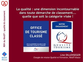 RDVduRésOT :qualité&classement
La qualité : une dimension incontournableLa qualité : une dimension incontournable
dans toute démarche de classement...dans toute démarche de classement...
quelle que soit la catégorie visée !quelle que soit la catégorie visée !
Line DILLENSEGER
Chargée de mission Qualité et Formation, RésOT-Alsace
 