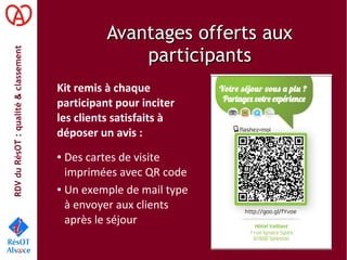 RDVduRésOT :qualité&classement
Avantages offerts auxAvantages offerts aux
participantsparticipants
Kit remis à chaque
participant pour inciter
les clients satisfaits à
déposer un avis :
● Des cartes de visite
imprimées avec QR code
● Un exemple de mail type
à envoyer aux clients
après le séjour
 