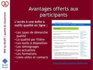 RDVduRésOT :qualité&classement
Avantages offerts auxAvantages offerts aux
participantsparticipants
L’accès à une boîte à
outils qualité en ligne :
●
Les types de démarche
qualité
●
La qualité par filière
●
Les outils à disposition
●
Les témoignages
●
Les actualités
●
Les formations
●
Liens utiles et contacts
...
http://qualite.tourisme-alsace.com
 
