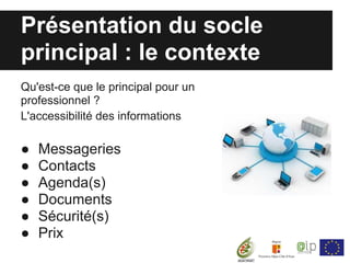 Présentation du socle
principal : le contexte
Qu'est-ce que le principal pour un
professionnel ?
L'accessibilité des informations

●   Messageries
●   Contacts
●   Agenda(s)
●   Documents
●   Sécurité(s)
●   Prix
 