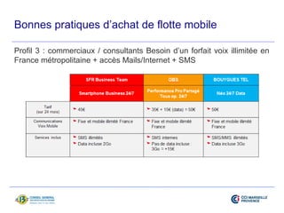 Bonnes pratiques d’achat de flotte mobile 
Profil 3 : commerciaux / consultants Besoin d’un forfait voix illimitée en 
France métropolitaine + accès Mails/Internet + SMS 
 