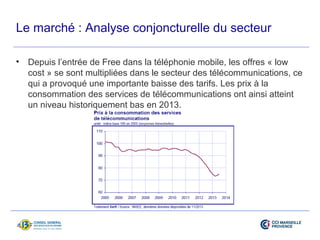 Le marché : Analyse conjoncturelle du secteur 
• Depuis l’entrée de Free dans la téléphonie mobile, les offres « low 
cost » se sont multipliées dans le secteur des télécommunications, ce 
qui a provoqué une importante baisse des tarifs. Les prix à la 
consommation des services de télécommunications ont ainsi atteint 
un niveau historiquement bas en 2013. 
 