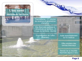 L’eau santé :
Identité du territoire
Thermalisme : 1ère source
de revenus et génératrice
d’emplois
Eau thermale participe à
l’attractivité du territoire 
Image du territoire, identité
Diversification de l’offre
(Calicéo)

Axée essentiellement
sur le médical
Offre similaire des
centres thermaux
Baisse de la clientèle
thermale depuis 3 ans

Free Powerpoint Templates

Page 6

 