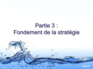 Partie 3 :
Fondement de la stratégie

Pour plus de modèles : Modèles Powerpoint PPT gratuits

ATELIER PÔLE D’EXCELLENCE TOURISTIQUE : PARTIE 1 DAX - LTDT - UPPA 2013

Page 9

 