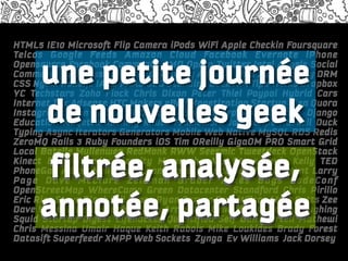 LoremMicrosoft Flip Camera Cloud WiFi Apple Checkin Foursquare
HTML5 IE10 ipsum dolor adiscum
Telcos Google Feeds Amazon
                           iPods
                                  Facebook Evernote iPhone

           une petite journée
Name of the presenter and the time/date information Social
Opensource Facebook Comments AMD Opera Twitter Intel Angels
 Commerce Andreessen Horowitz Privacy Android iPad Xobni Salary DRM
LoremNginx Node.js IAAS PAAS SSD Standing Desk API Tips Tricks Dropbox
 CSS ipsum dolor sit amet, consectetuer adipiscing elit, sed diam nonummy
 YC Techstars Zoho Flock Chris Dixon Peter Thiel Paypal Hybrid Cars

           de nouvelles geek
nibh euismod tincidunt utHTC Makers eBay Monetization Startup Visa Quora
 Internet Tax Adsense laoreet dolore magna aliquam erat volutpat. Ut wisi
enim ad minim veniam, quis nostrud exerci tation ullamcorper suscipit lobortis
 Instagram Bijan Sabet UGC Seed CSharpSharp Porn Python Django
 Education Maqetta hashing Knuth Framework Javascript Haskell Duck
nisl ut aliquip ex ea commodo consequat. Duis autem vel eum iriure dolor in
 Typing Async Iterators Generators Mobile Web Native MySQL RDS Redis
hendrerit in vulputate velit esse molestie consequat, vel illum dolore eu feugiat
 ZeroMQ Rails 3 Ruby Founders iOS Tim OReilly GigaOM PRO Smart Grid


           filtrée, analysée,
 Local Batelle Mullenweg RedMonk RWW Seesmic Tweetdeck OpenStack
nulla facilisis at vero eros et accumsan et iusto odio dignissim qui blandit
 Kinect Bing LinkedIn Identity Memcache App Store Kevin Kelly TED
praesent luptatum zzril delenit augue duis doloreCustomernulla facilisi.
 PhoneGap Adobe Nail Scale Lean Startup te feugait Development Larry
 Page Dave McClure Zeldman Gruber Faxes Bugs CodeConf


          annotée, partagée
 OpenStreetMap WhereCamp Green Datacenter Standford Chris Pirillo
•One
 Eric Ries Steve Blank Bill Gross Ryan Sarver Fred Wilson Matt Cutts Zee
•Two Winer Mozilla Firefox Flash Arrington Benioff Atul Arora Laughing
 Dave
 Squid Startup Digest Lifehacker Quantified Self Dan Martell Mathewi
•Three
 Chris Messina Umair Haque Keith Rabois Mike Loukides Brady Forest
 Datasift Superfeedr XMPP Web Sockets Zynga Ev Williams Jack Dorsey
http://needium.com
 