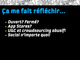 Ça me faitdolor adiscum
Lorem ipsum réfléchir...
Name of the presenter and the time/date information
Lorem ipsum dolor sit amet, consectetuer adipiscing elit, sed diam nonummy
    • Ouvert? Fermé?
nibh euismod tincidunt ut laoreet dolore magna aliquam erat volutpat. Ut wisi

    • App Stores?
enim ad minim veniam, quis nostrud exerci tation ullamcorper suscipit lobortis

    • UGC et crowdsourcing abusif!
nisl ut aliquip ex ea commodo consequat. Duis autem vel eum iriure dolor in
hendrerit in vulputate velit esse molestie consequat, vel illum dolore eu feugiat
    • Social n’importe quoi!
nulla facilisis at vero eros et accumsan et iusto odio dignissim qui blandit
praesent luptatum zzril delenit augue duis dolore te feugait nulla facilisi.


•One

•Two
•Three


http://needium.com
 