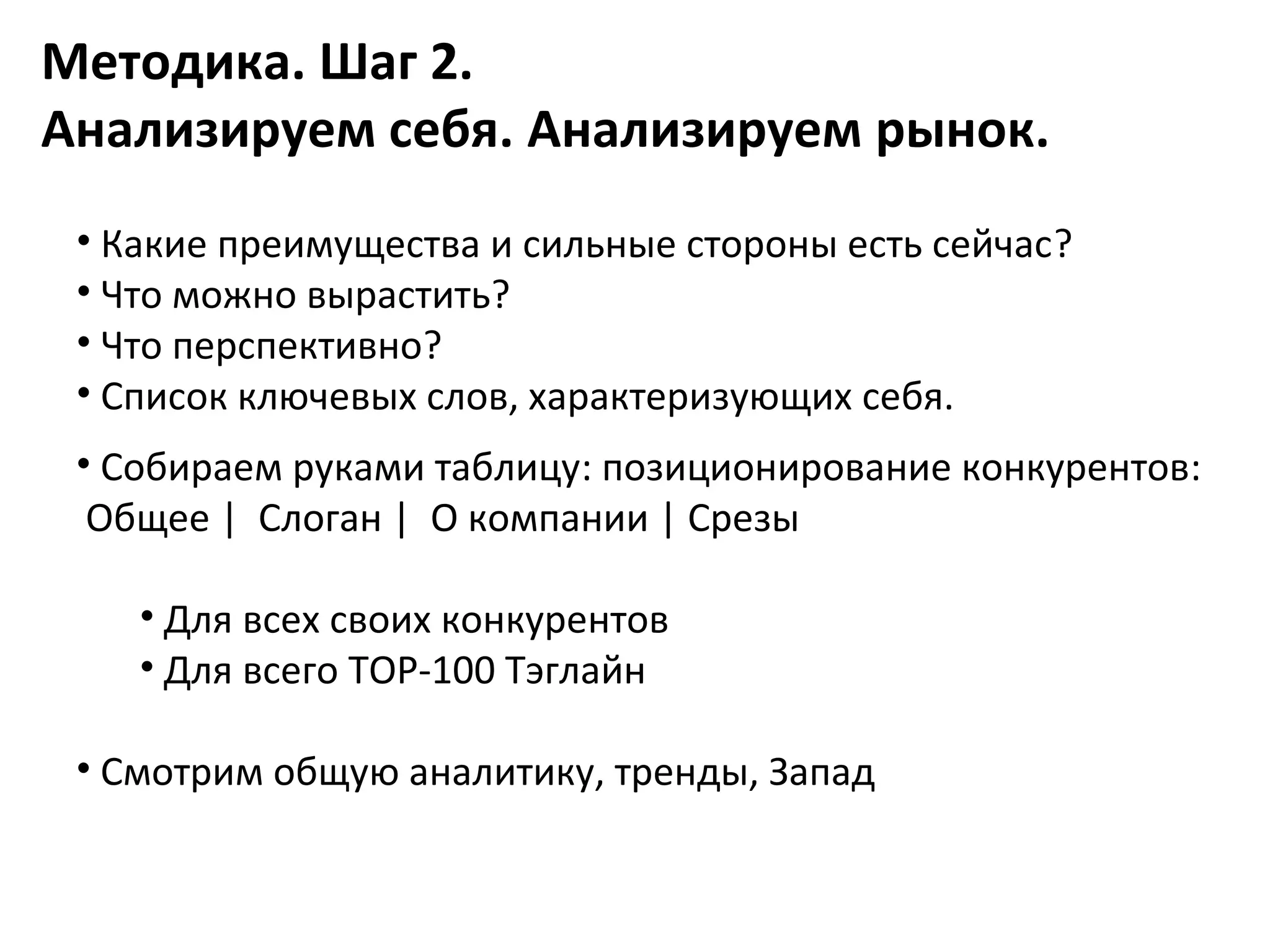 Методика. Шаг 2.
Анализируем себя. Анализируем рынок.
 • Какие преимущества и сильные стороны есть сейчас?
 • Что можно вырастить?
 • Что перспективно?
 • Список ключевых слов, характеризующих себя.
 • Собираем руками таблицу: позиционирование конкурентов:
  Общее | Слоган | О компании | Срезы

    • Для всех своих конкурентов
    • Для всего TOP-100 Тэглайн

 • Смотрим общую аналитику, тренды, Запад
 