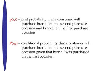 p( i , j )  = joint probability that a consumer will  purchase brand  i  on the second purchase occasion and brand  j  on the first purchase occasion P( i / j )  = conditional probability that a customer will purchase brand  i  on the second purchase occasion given that brand  j  was purchased on the first occasion 