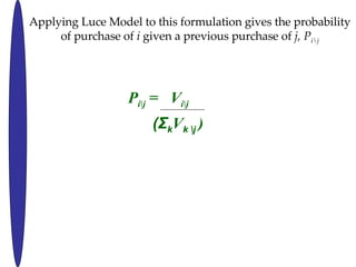 P i\j  =  V i\j ( k V k \j  ) Applying Luce Model to this formulation gives the probability of purchase of  i  given a previous purchase of  j, P i\j 