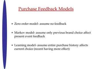 Purchase Feedback Models Zero order model- assume no feedback Markov model- assume only previous brand choice affect present event feedback Learning model- assume entire purchase history affects current choice (recent having more effect) 
