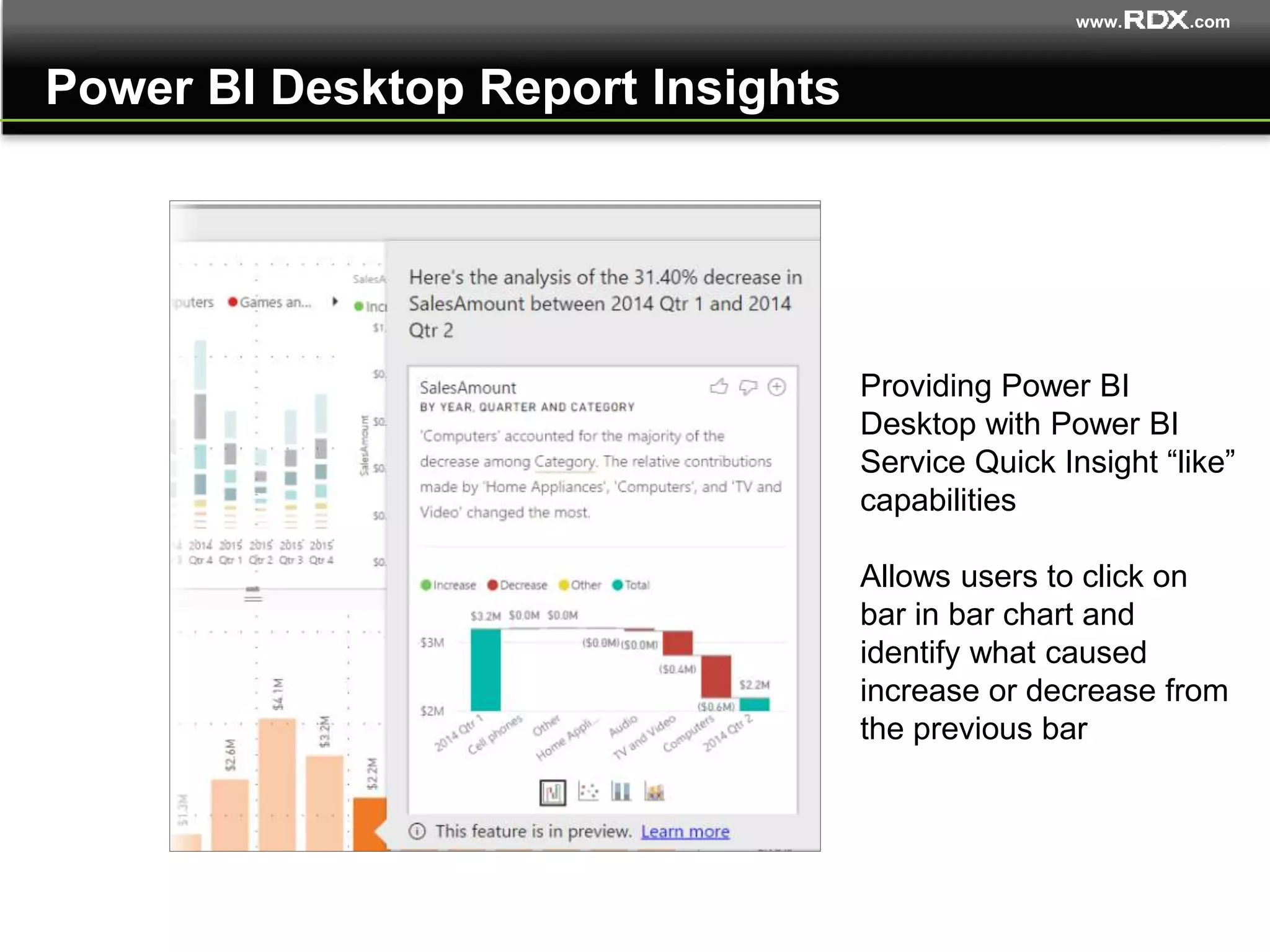 www. .com
Power BI Desktop Report Insights
Providing Power BI
Desktop with Power BI
Service Quick Insight “like”
capabilities
Allows users to click on
bar in bar chart and
identify what caused
increase or decrease from
the previous bar
 