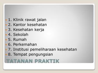 TATANAN PRAKTIK
 1. Klinik rawat jalan
 2. Kantor kesehatan
 3. Kesehatan kerja
 4. Sekolah
 5. Rumah
 6. Perkemahan
 7. Institusi pemeliharaan kesehatan
 8. Tempat pengungsian
 