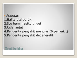 Individu
 Prioritas
1.Balita gizi buruk
2.Ibu hamil resiko tinggi
3.Usia lanjut
4.Penderita penyakit menular (6 penyakit)
5.Penderita penyakit degeneratif
 
