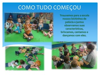COMO TUDO COMEÇOU
Trouxemos para a escola
nossos bichinhos de
pelúcia e juntos
observamos suas
características,
brincamos, cantamos e
dançamos com eles.
 