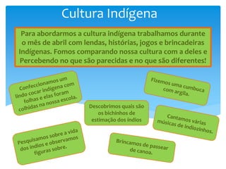 Cultura Indígena
Para abordarmos a cultura indígena trabalhamos durante
o mês de abril com lendas, histórias, jogos e brincadeiras
Indígenas. Fomos comparando nossa cultura com a deles e
Percebendo no que são parecidas e no que são diferentes!
Descobrimos quais são
os bichinhos de
estimação dos índios
 