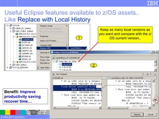 Useful Eclipse features available to z/OS assets.. Like  Replace with Local History Rational Developer for System z version 7.5 Benefit : Improve productivity saving recover time…   1 Keep as many local versions as you want and compare with the z/OS current version.. 2 