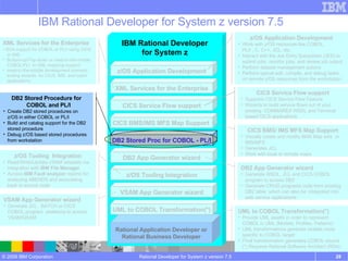 IBM Rational Developer for System z version 7.5 Rational Developer for System z version 7.5 IBM Rational Developer for System z Rational Application Developer or Rational Business Developer CICS BMS/IMS MFS Map Support   CICS BMS/ IMS MFS Map Support Visually create and modify BMS Map sets  or IMS/MFS  Generates JCL Work with local or remote maps XML Services for the Enterprise XML Services for the Enterprise -  SOA support for COBOL or PL/I using CICS or IMS  Bottom-up/Top-down or meet-in-the-middle COBOL/PLI  to XML mapping support meet-in-the-middle development scenario tooling wizards. for CICS, IMS, and batch applications CICS Service Flow support CICS Service Flow support Supports CICS Service Flow Feature Wizards to build service flows out of your existing  COMMAREA WSDL and Terminal based CICS applications. DB2 Stored Proc for COBOL - PL/I DB2 Stored Procedure for COBOL and PL/I Create DB2 stored procedures on z/OS in either COBOL or PL/I Build and catalog support for the DB2 stored procedure Debug z/OS based stored procedures from workstation z/OS Tooling Integration z/OS Tooling  Integration Read/Write/Update VSAM datasets via integration with  IBM File Manager Access  IBM Fault analyzer  reports for analyzing ABENDS and associating back to source code DB2 App Generator wizard DB2 App Generator wizard Generate WSDL, JCL and CICS COBOL program to access DB2 Generate CRUD programs code from existing DB2 table, which can also be  integrated into web service applications VSAM App Generator wizard VSAM App Generator wizard Generate JCL , BATCH or CICS COBOL program  skeletons to access VSAM/QSAM UML to COBOL Transformation(*) UML to COBOL Transformation(*) Provide UML assets in order to represent COBOL in UML (Models, Profiles, Patterns) UML transformations generate models more specific to COBOL target Final transformation generates COBOL source (*) Requires Rational Software Architect (RSA) z/OS Application Development z/OS Application Development Work with z/OS resources like COBOL,  PL/I , C, C++, JCL, etc. Interact with the Job Entry Subsystem (JES) to submit jobs, monitor jobs, and review job output Perform dataset management actions Perform typical edit, compile, and debug tasks on remote z/OS resources from the workstation 
