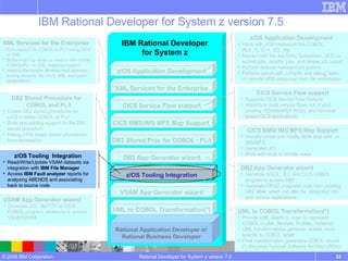 IBM Rational Developer for System z version 7.5 Rational Developer for System z version 7.5 IBM Rational Developer for System z Rational Application Developer or Rational Business Developer CICS BMS/IMS MFS Map Support   CICS BMS/ IMS MFS Map Support Visually create and modify BMS Map sets  or IMS/MFS  Generates JCL Work with local or remote maps XML Services for the Enterprise XML Services for the Enterprise -  SOA support for COBOL or PL/I using CICS or IMS  Bottom-up/Top-down or meet-in-the-middle COBOL/PLI  to XML mapping support meet-in-the-middle development scenario tooling wizards. for CICS, IMS, and batch applications CICS Service Flow support CICS Service Flow support Supports CICS Service Flow Feature Wizards to build service flows out of your existing  COMMAREA WSDL and Terminal based CICS applications. DB2 Stored Proc for COBOL - PL/I DB2 Stored Procedure for COBOL and PL/I Create DB2 stored procedures on z/OS in either COBOL or PL/I Build and catalog support for the DB2 stored procedure Debug z/OS based stored procedures from workstation z/OS Tooling Integration z/OS Tooling  Integration Read/Write/Update VSAM datasets via integration with  IBM File Manager Access  IBM Fault analyzer  reports for analyzing ABENDS and associating back to source code DB2 App Generator wizard DB2 App Generator wizard Generate WSDL, JCL and CICS COBOL program to access DB2 Generate CRUD programs code from existing DB2 table, which can also be  integrated into web service applications VSAM App Generator wizard VSAM App Generator wizard Generate JCL , BATCH or CICS COBOL program  skeletons to access VSAM/QSAM UML to COBOL Transformation(*) UML to COBOL Transformation(*) Provide UML assets in order to represent COBOL in UML (Models, Profiles, Patterns) UML transformations generate models more specific to COBOL target Final transformation generates COBOL source (*) Requires Rational Software Architect (RSA) z/OS Application Development z/OS Application Development Work with z/OS resources like COBOL,  PL/I , C, C++, JCL, etc. Interact with the Job Entry Subsystem (JES) to submit jobs, monitor jobs, and review job output Perform dataset management actions Perform typical edit, compile, and debug tasks on remote z/OS resources from the workstation 
