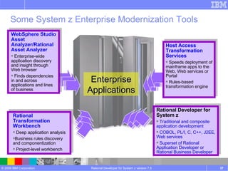 Some System z Enterprise Modernization Tools Rational Developer for System z version 7.5 WebSphere Studio Asset Analyzer/Rational Asset Analyzer Enterprise-wide application discovery and insight through Web browser Finds dependencies in and across applications and lines of business Rational Transformation Workbench Deep application analysis Business rules discovery and componentization Project-level workbench  Enterprise Applications Host Access Transformation Services Speeds deployment of mainframe apps to the Web, Web services or Portal Rules-based transformation engine Rational Developer for System z Traditional and composite application development COBOL, PL/I, C, C++, J2EE, Web services Superset of Rational Application Developer or Rational Business Developer 