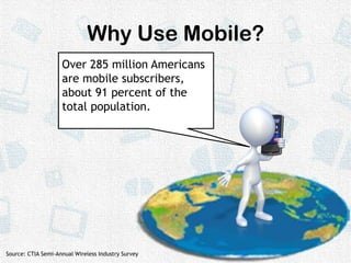 Why Use Mobile?Over 285 million Americans are mobile subscribers, about 91 percent of the total population.Source: CTIA Semi-Annual Wireless Industry Survey