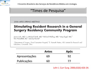 I Encontro Brasileiro dos Serviços de Residência Médica em Urologia.   Lohr J. Curr Surg. 2006;63(6):426-34. “ Times de Pesquisa” Antes Após Apresentações 69 92 Publicações 60 77 