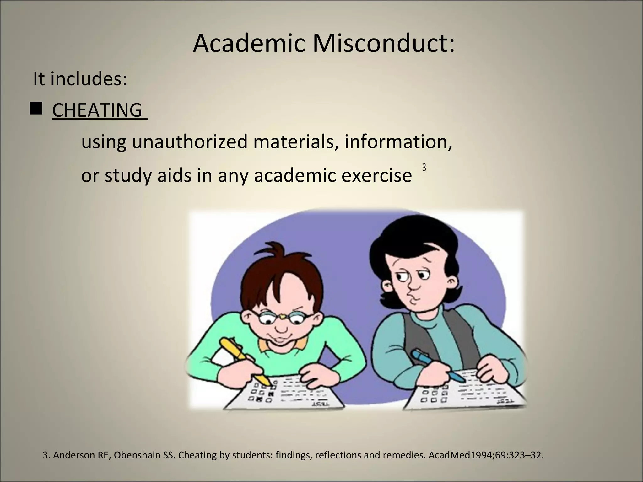 Academic Misconduct:
It includes:
 CHEATING
using unauthorized materials, information,
or study aids in any academic exercise
3
3. Anderson RE, Obenshain SS. Cheating by students: findings, reflections and remedies. AcadMed1994;69:323–32.
 