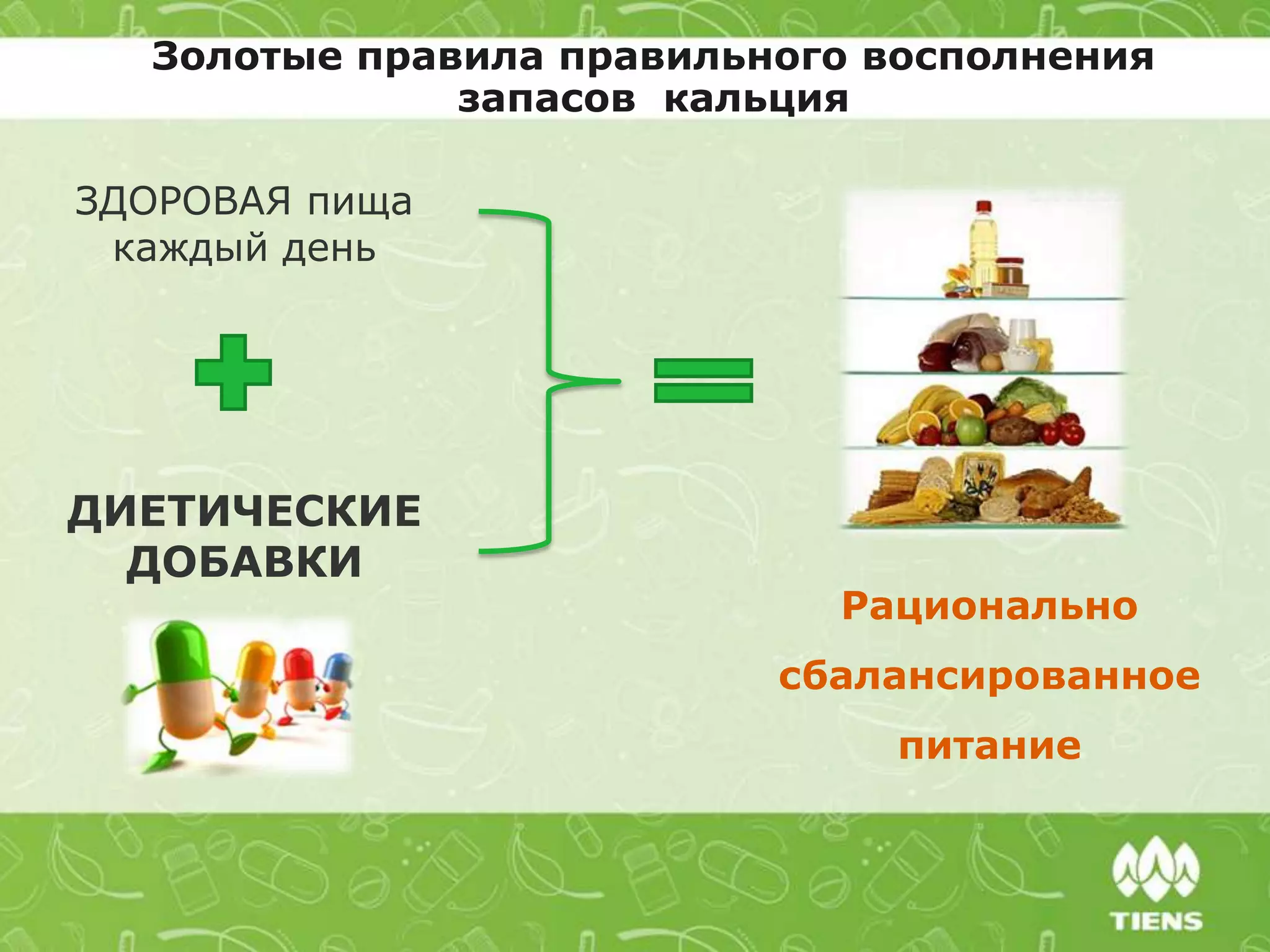 Рационально
сбалансированное
питание
ЗДОРОВАЯ пища
каждый день
ДИЕТИЧЕСКИЕ
ДОБАВКИ
Золотые правила правильного восполнения
запасов кальция
 