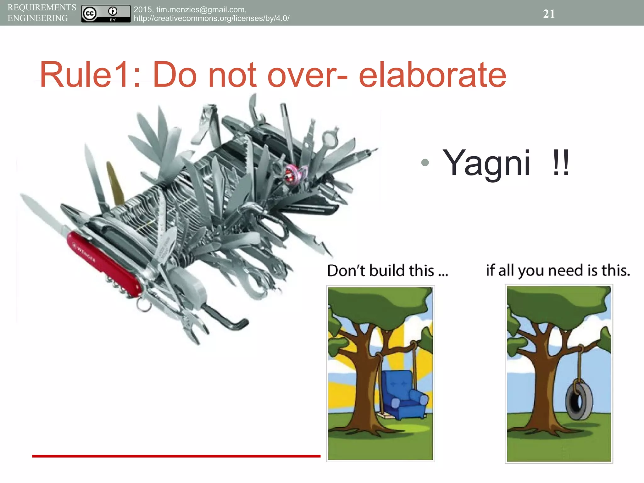 2015, tim.menzies@gmail.com,
http://creativecommons.org/licenses/by/4.0/
REQUIREMENTS
ENGINEERING
• Yagni !!
Rule1: Do not over- elaborate
21
 