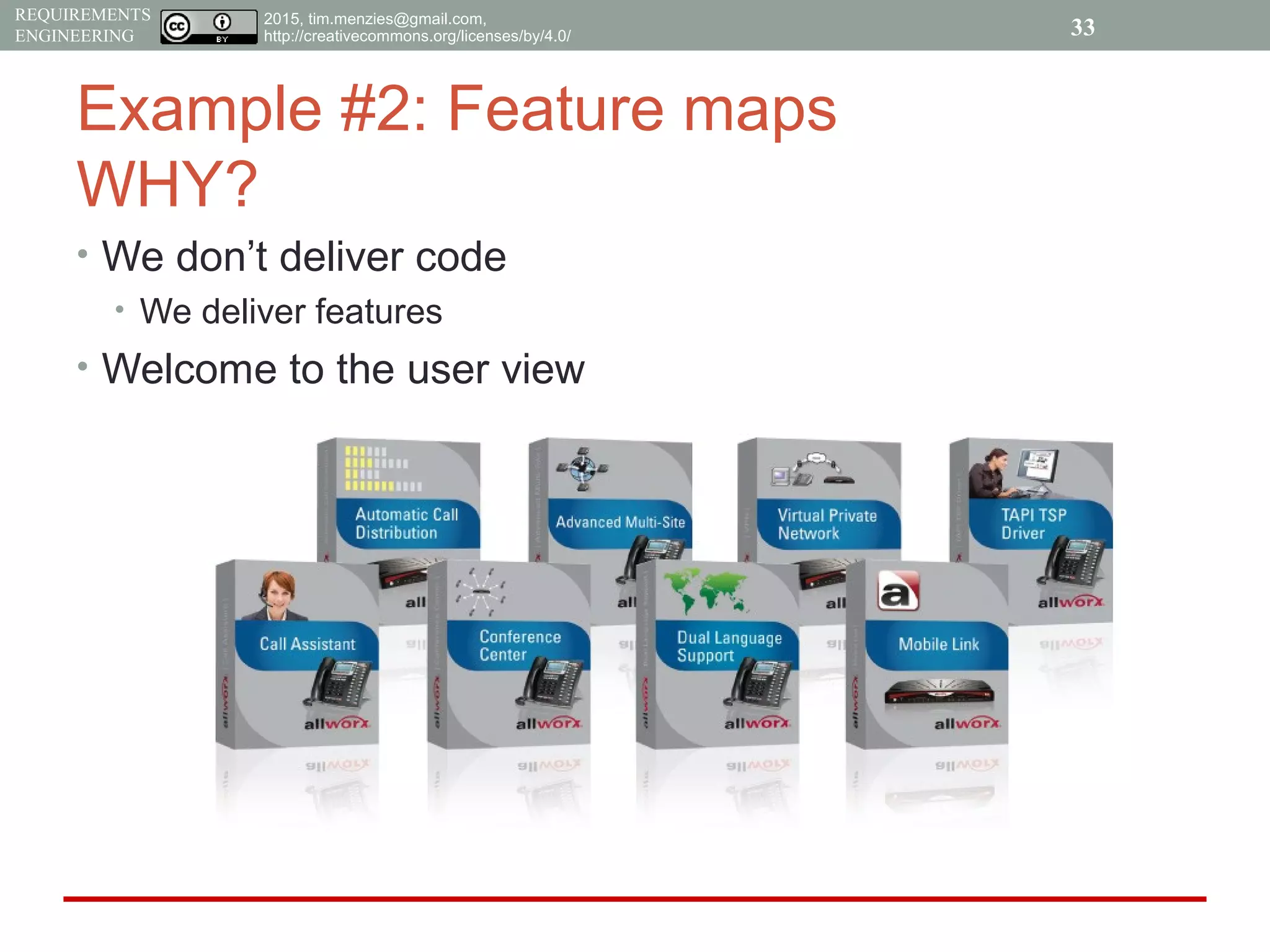 2015, tim.menzies@gmail.com,
http://creativecommons.org/licenses/by/4.0/
REQUIREMENTS
ENGINEERING
Example #2: Feature maps
WHY?
• We don’t deliver code
• We deliver features
• Welcome to the user view
33
 