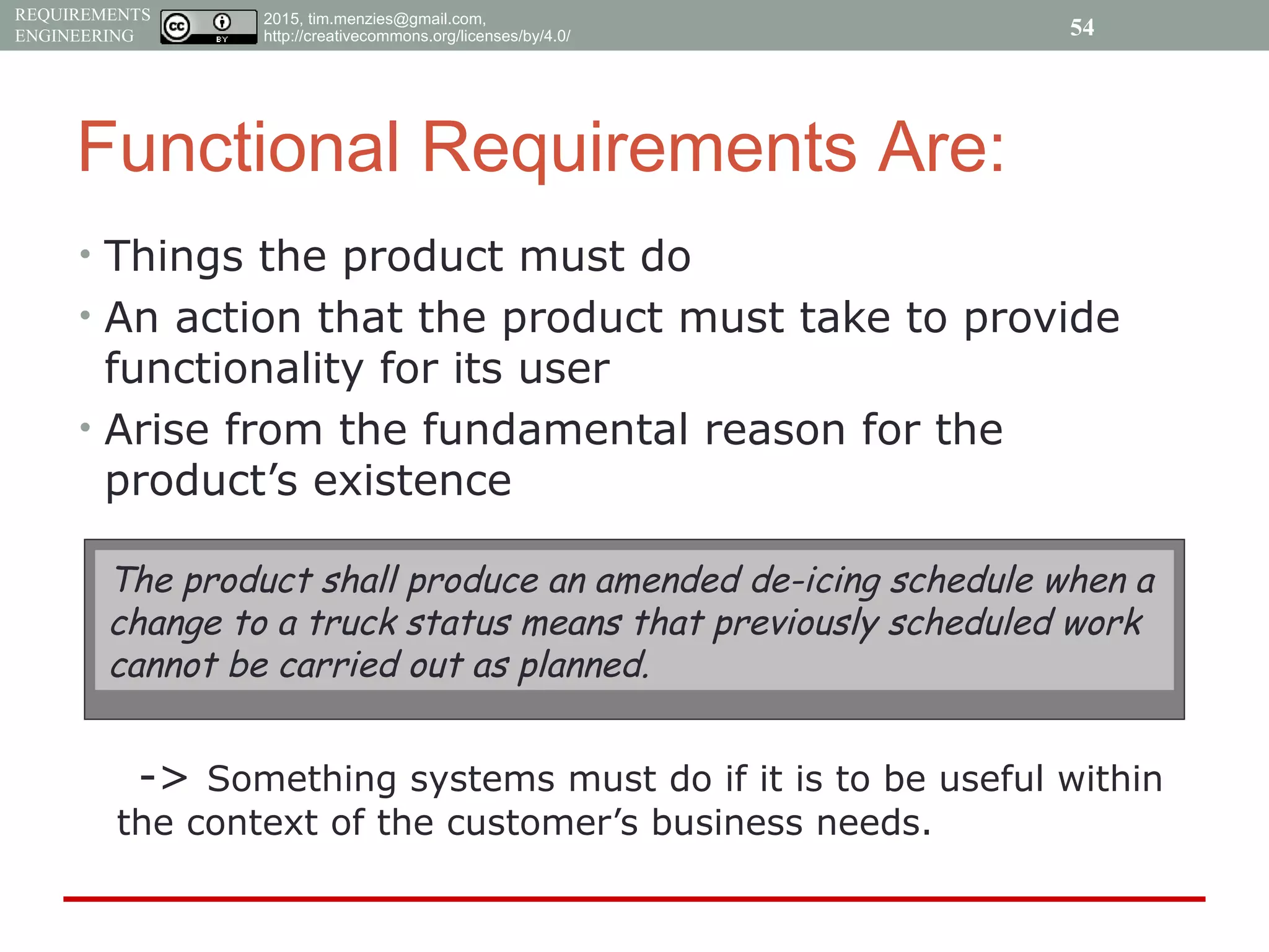 2015, tim.menzies@gmail.com,
http://creativecommons.org/licenses/by/4.0/
REQUIREMENTS
ENGINEERING
Functional Requirements Are:
• Things the product must do
• An action that the product must take to provide
functionality for its user
• Arise from the fundamental reason for the
product’s existence
-> Something systems must do if it is to be useful within
the context of the customer’s business needs.
The product shall produce an amended de-icing schedule when a
change to a truck status means that previously scheduled work
cannot be carried out as planned.
54
 