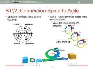 2015, tim.menzies@gmail.com,
http://creativecommons.org/licenses/by/4.0/
REQUIREMENTS
ENGINEERING
BTW: Connection Spiral to Agile
• Spiral: a few iterations before
waterfall
• Agile: small iterations before more
small iterations
• Value for BIG engineering
projects?
25
 