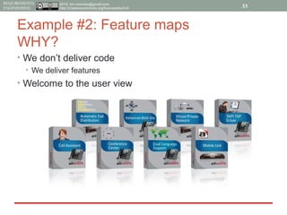 2015, tim.menzies@gmail.com,
http://creativecommons.org/licenses/by/4.0/
REQUIREMENTS
ENGINEERING
Example #2: Feature maps
WHY?
• We don’t deliver code
• We deliver features
• Welcome to the user view
33
 