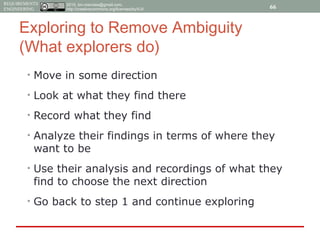 2015, tim.menzies@gmail.com,
http://creativecommons.org/licenses/by/4.0/
REQUIREMENTS
ENGINEERING
Exploring to Remove Ambiguity
(What explorers do)
• Move in some direction
• Look at what they find there
• Record what they find
• Analyze their findings in terms of where they
want to be
• Use their analysis and recordings of what they
find to choose the next direction
• Go back to step 1 and continue exploring
66
 