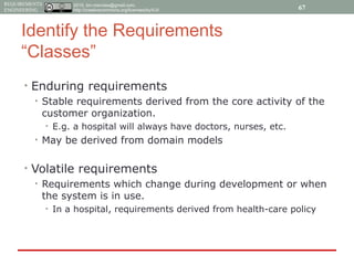 2015, tim.menzies@gmail.com,
http://creativecommons.org/licenses/by/4.0/
REQUIREMENTS
ENGINEERING
Identify the Requirements
“Classes”
• Enduring requirements
• Stable requirements derived from the core activity of the
customer organization.
• E.g. a hospital will always have doctors, nurses, etc.
• May be derived from domain models
• Volatile requirements
• Requirements which change during development or when
the system is in use.
• In a hospital, requirements derived from health-care policy
67
 