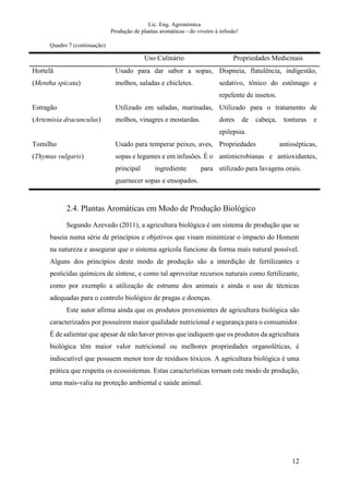 Lic. Eng. Agronómica
Produção de plantas aromáticas - do viveiro à infusão!
12
Quadro 7 (continuação)
Uso Culinário Propriedades Medicinais
Hortelã
(Mentha spicata)
Usado para dar sabor a sopas,
molhos, saladas e chicletes.
Dispneia, flatulência, indigestão,
sedativo, tônico do estômago e
repelente de insetos.
Estragão
(Artemisia dracunculus)
Utilizado em saladas, marinadas,
molhos, vinagres e mostardas.
Utilizado para o tratamento de
dores de cabeça, tonturas e
epilepsia.
Tomilho
(Thymus vulgaris)
Usado para temperar peixes, aves,
sopas e legumes e em infusões. É o
principal ingrediente para
guarnecer sopas e ensopados.
Propriedades antissépticas,
antimicrobianas e antioxidantes,
utilizado para lavagens orais.
2.4. Plantas Aromáticas em Modo de Produção Biológico
Segundo Azevedo (2011), a agricultura biológica é um sistema de produção que se
baseia numa série de princípios e objetivos que visam minimizar o impacto do Homem
na natureza e assegurar que o sistema agrícola funcione da forma mais natural possível.
Alguns dos princípios deste modo de produção são a interdição de fertilizantes e
pesticidas químicos de síntese, e como tal aproveitar recursos naturais como fertilizante,
como por exemplo a utilização de estrume dos animais e ainda o uso de técnicas
adequadas para o controlo biológico de pragas e doenças.
Este autor afirma ainda que os produtos provenientes de agricultura biológica são
caracterizados por possuírem maior qualidade nutricional e segurança para o consumidor.
É de salientar que apesar de não haver provas que indiquem que os produtos da agricultura
biológica têm maior valor nutricional ou melhores propriedades organoléticas, é
indiscutível que possuem menor teor de resíduos tóxicos. A agricultura biológica é uma
prática que respeita os ecossistemas. Estas características tornam este modo de produção,
uma mais-valia na proteção ambiental e saúde animal.
 