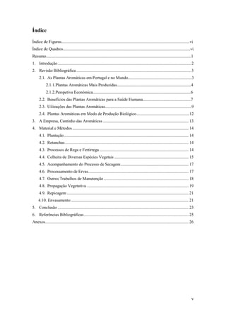 v
Índice
Índice de Figuras...........................................................................................................................vi
Índice de Quadros..........................................................................................................................vi
Resumo...........................................................................................................................................1
1. Introdução............................................................................................................................... 2
2. Revisão Bibliográfica ............................................................................................................. 3
2.1. As Plantas Aromáticas em Portugal e no Mundo.............................................................3
2.1.1.Plantas Aromáticas Mais Produzidas.......................................................................4
2.1.2.Perspetiva Económica..............................................................................................6
2.2. Benefícios das Plantas Aromáticas para a Saúde Humana..............................................7
2.3. Uilizações das Plantas Aromáticas...................................................................................9
2.4. Plantas Aromáticas em Modo de Produção Biológico...................................................12
3. A Empresa, Cantinho das Aromáticas.................................................................................. 13
4. Material e Métodos............................................................................................................... 14
4.1. Plantação....................................................................................................................... 14
4.2. Retanchas...................................................................................................................... 14
4.3. Processos de Rega e Fertirrega ..................................................................................... 14
4.4. Colheita de Diversas Espécies Vegetais ....................................................................... 15
4.5. Acompanhamento do Processo de Secagem................................................................. 17
4.6. Processamento de Ervas................................................................................................ 17
4.7. Outros Trabalhos de Manutenção................................................................................. 18
4.8. Propagação Vegetativa ................................................................................................. 19
4.9. Repicagem .................................................................................................................... 21
4.10. Envasamento ................................................................................................................ 21
5. Conclusão ............................................................................................................................. 23
6. Referências Bibliográficas.................................................................................................... 25
Anexos......................................................................................................................................... 26
 