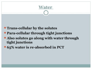 Water
Trans-cellular by the solutes
Para-cellular through tight junctions
Also solutes go along with water through
tight junctions
65% water is re-absorbed in PCT
 