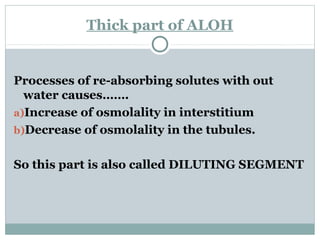 Thick part of ALOH
Processes of re-absorbing solutes with out
water causes…….
a)Increase of osmolality in interstitium
b)Decrease of osmolality in the tubules.
So this part is also called DILUTING SEGMENT
 