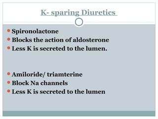 K- sparing Diuretics
Spironolactone
Blocks the action of aldosterone
Less K is secreted to the lumen.
Amiloride/ triamterine
Block Na channels
Less K is secreted to the lumen
 