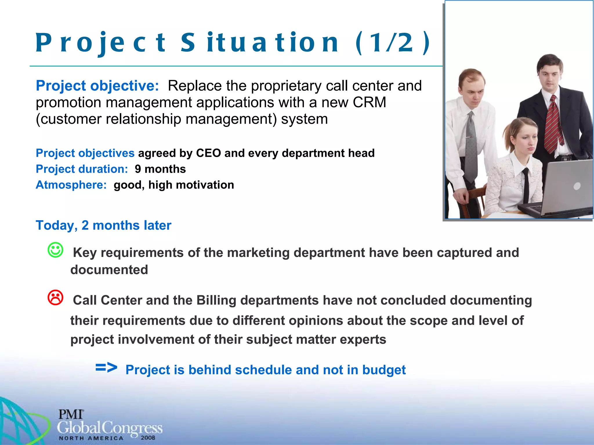 Project Situation (1/2)  Project objective:   Replace the proprietary call center and promotion management applications with a new CRM (customer relationship management) system Project objectives  agreed by CEO and every department head Project duration:  9 months Atmosphere:  good, high motivation Today, 2 months later    Key requirements of the marketing department have been captured and documented    Call Center and the Billing departments have not concluded documenting their requirements due to different opinions about the scope and level of project involvement of their subject matter experts =>   Project is behind schedule and not in budget 