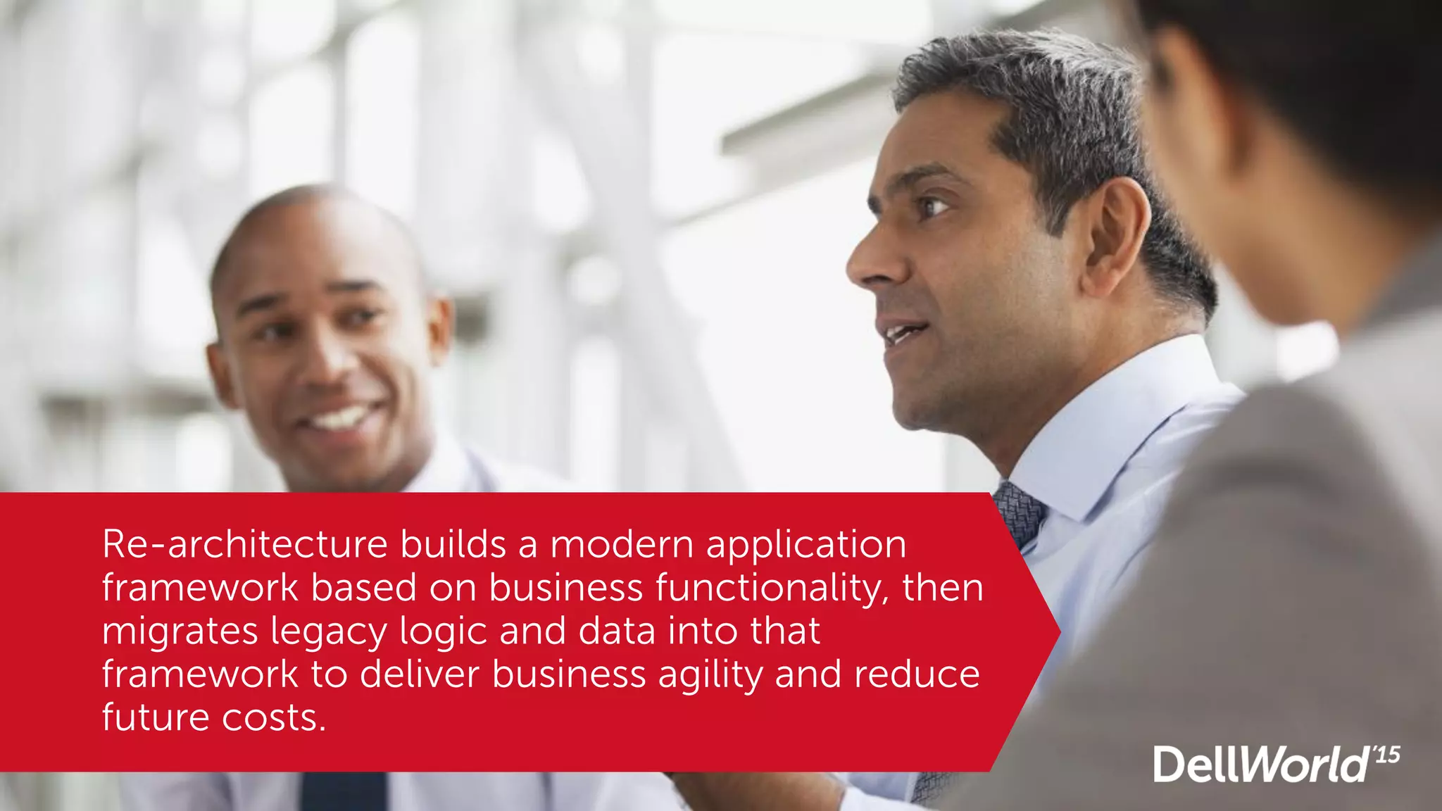 Re-architecture builds a modern application
framework based on business functionality, then
migrates legacy logic and data into that
framework to deliver business agility and reduce
future costs.
 