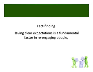 Fact‐finding
Having clear expectations is a fundamental 
      factor in re‐engaging people. 
 
