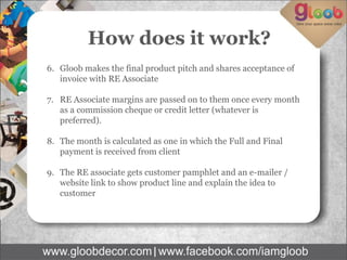How does it work?
6. Gloob makes the final product pitch and shares acceptance of
invoice with RE Associate
7. RE Associate margins are passed on to them once every month
as a commission cheque or credit letter (whatever is
preferred).
8. The month is calculated as one in which the Full and Final
payment is received from client
9. The RE associate gets customer pamphlet and an e-mailer /
website link to show product line and explain the idea to
customer
 