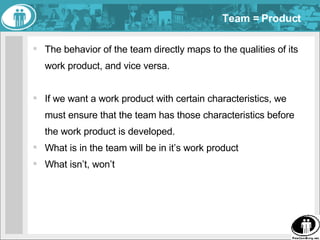 Team = Product <ul><li>The behavior of the team directly maps to the qualities of its work product, and vice versa. </li><...