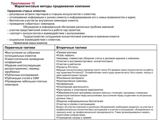 Приложение 12 Маркетинговые методы продвижения компании Удержание старых клиентов: –  регулярные встречи партнеров и старших консультантов с клиентом; –  отслеживание информации о рынках клиента и информирование его о новых возможностях и идеях; –  бесплатное участие во внутренних семинарах клиента; –  проведение «обратных» семинаров;  Обсуждение в неформальной обстановке различных проблем кампаний –  участие представителей клиента в работе над проектом; –  «экспорт» консультантов и взаимодействие с выпускниками.  Трудоустройство сотрудников консалтинговой компании в компании-клиента –  социальное взаимодействие с клиентом; Привлечение новых клиентов: Первичные тактики Вторичные тактики Выступления на собраниях потенциальных клиентов Самостоятельное проведение конференций. Издание книг(последующее распространение), перевод зарубежных Публичные исследования Публикации статей в СМИ Проведение небольших платных семинаров Прямая реклама Public  relations  Например, совместная обзорная статья в деловом журнале о компании. Участие в выставках(торговых, консалтинговых) Участие в рейтингах Проекты Pro bono.  Ведущие консалтинговые компании тратят около 5% времени своих консультантов на работу над проектами Pro-bono27. Потребителями такого рода проектов могут быть музеи, театры и даже администрации городов. Рекламные материалы Корпоративные сувениры. Конференции. Спонсорская деятельность Культурные и спортивные мероприятия. Образовательные программы ( выдачи именных стипендий; программы стажировок; презентаций компании перед выпускниками; выступлений перед студентами на актуальные деловые темы .) Издание информационных бюллетеней Участие в союзах и ассоциациях Вопрос об участии компании в различных объединениях необходимо разделить на участие в профессиональных консалтинговых ассоциациях и участие в ассоциациях, объединенных по принципу иной, не профессиональной принадлежности. Такие организацииможно назвать клиентскими сообществами. Учреждение наград и премий  