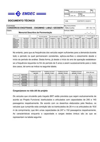 DOCUMENTO TÉCNICO
Contratado
CONSÓRCIO ENGITRANS – ENGIMIND / LMAZ / GEOSERV
Resp. Técnico Emitente
Hélio Cunha 07 / 10 / 14
Objeto
Memorial Descritivo de Pavimentação
Verificação / EMDEC
__ / __ / __
Código
RE-BRT-OV-02-PB-PAV-001
Rev.
02
Emissão
25 / 04 / 16
Folha
11 de 49
O.S. CONTRATO 023/2013
Aumento (%) 5,32
Linha Tipo Veículo Capacidade Freqüência Oferta Freqüência Oferta Freqüência Oferta Freqüência Oferta Freqüência Oferta
TROEX01-VDN Articulado 140 6 840 6,3 885 6,7 932 7,0 981 7,4 1.034
TRO02-VDN Articulado 140 6 840 6,3 885 6,7 932 7,0 981 7,4 1.034
TROEX01-TOV Biarticulado 240 10 2.400 10,5 2.528 11,1 2.662 11,7 2.804 12,3 2.953
TRO02-TOV Articulado 140 12 1.680 12,6 1.769 13,3 1.864 14,0 1.963 14,8 2.067
TROEX03-TOV Biarticulado 240 12 2.880 12,6 3.033 13,3 3.195 14,0 3.365 14,8 3.544
TROEX01-STA Biarticulado 240 12 2.880 12,6 3.033 13,3 3.195 14,0 3.365 14,8 3.544
TRO02-STA Articulado 140 12 1.680 12,6 1.769 13,3 1.864 14,0 1.963 14,8 2.067
Ano início operação Ano início operação + 5 anos
Ano início operação + 10
anos
Ano início operação + 15
anos
Ano início operação + 20
anos
No entanto, para que as frequências dos veículos sejam suficientes para a demanda durante
todo o período no qual permanecem constantes, aplicou-se-lhes o crescimento desde o
início do período de análise. Desta forma, já desde o início do ano de operação estabelece-
se a frequência requerida no fim do período de 5 anos e assim sucessivamente para o resto
dos casos, tal como se indica na seguinte tabela.
Biarticulado
Articulado
Biarticulado
Articulado
Biarticulado
Articulado
Biarticulado
Articulado 1.797.971
92.104 97.004 1.797.971
Tramo D-OV
50.743 53.443 56.286 59.280 1.098.760
83.034 87.452 92.104 97.004
64.669 1.198.647
Tramo C-OV
78.421 82.593 86.987 91.615 1.698.084
83.034 87.452
599.324
Tramo B-OV
50.743 53.443 56.286 59.280 1.098.760
55.356 58.301 61.403
Tramo A-OV
0 0 0 0 0
27.678 29.151 30.701 32.335
Freqüência ano início
operação
Freqüência ano início
operação + 5 anos
Freqüência ano início
operação + 10 anos
Freqüência ano início
operação + 15 anos
TOTAL (20 anos)
Cargas/pesos na vida útil do projeto
Os veículos que circularão pelo traçado BRT estão previstos que sejam exclusivamente de
acordo ao Projeto Funcional, biarticulados e articulados com capacidades de 240 e 140
passageiros respetivamente. De acordo com os desenhos elaborados pela Neobus, os
veículos que cumprirão esta condição são os biarticulados de 28 m e os articulados de 18,6
m de comprimento, que têm umas capacidades de 247 e 152 passageiros respetivamente.
As características enquanto a capacidade e cargas destes ónibus são as que se
representam na tabela seguinte:
 