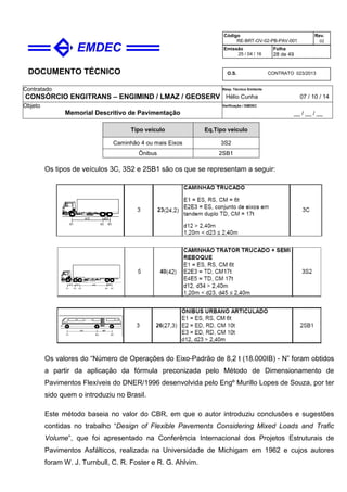 DOCUMENTO TÉCNICO
Contratado
CONSÓRCIO ENGITRANS – ENGIMIND / LMAZ / GEOSERV
Resp. Técnico Emitente
Hélio Cunha 07 / 10 / 14
Objeto
Memorial Descritivo de Pavimentação
Verificação / EMDEC
__ / __ / __
Código
RE-BRT-OV-02-PB-PAV-001
Rev.
02
Emissão
25 / 04 / 16
Folha
28 de 49
O.S. CONTRATO 023/2013
Tipo veículo Eq.Tipo veículo
Caminhão 4 ou mais Eixos 3S2
Ônibus 2SB1
Os tipos de veículos 3C, 3S2 e 2SB1 são os que se representam a seguir:
Os valores do “Número de Operações do Eixo-Padrão de 8,2 t (18.000IB) - N” foram obtidos
a partir da aplicação da fórmula preconizada pelo Método de Dimensionamento de
Pavimentos Flexíveis do DNER/1996 desenvolvida pelo Engº Murillo Lopes de Souza, por ter
sido quem o introduziu no Brasil.
Este método baseia no valor do CBR, em que o autor introduziu conclusões e sugestões
contidas no trabalho “Design of Flexible Pavements Considering Mixed Loads and Trafic
Volume”, que foi apresentado na Conferência Internacional dos Projetos Estruturais de
Pavimentos Asfálticos, realizada na Universidade de Michigam em 1962 e cujos autores
foram W. J. Turnbull, C. R. Foster e R. G. Ahlvim.
 