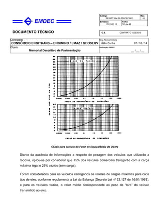 DOCUMENTO TÉCNICO
Contratado
CONSÓRCIO ENGITRANS – ENGIMIND / LMAZ / GEOSERV
Resp. Técnico Emitente
Hélio Cunha 07 / 10 / 14
Objeto
Memorial Descritivo de Pavimentação
Verificação / EMDEC
__ / __ / __
Código
RE-BRT-OV-02-PB-PAV-001
Rev.
02
Emissão
25 / 04 / 16
Folha
30 de 49
O.S. CONTRATO 023/2013
Ábaco para cálculo do Fator de Equivalência de Opera
Diante da ausência de informações a respeito de pesagem dos veículos que utilizarão a
rodovia, optou-se por considerar que 75% dos veículos comerciais trafegarão com a carga
máxima legal e 25% vazios (sem carga).
Foram considerados para os veículos carregados os valores de cargas máximas para cada
tipo de eixo, conforme regulamenta a Lei da Balança (Decreto Lei nº 62.127 de 16/01/1968),
e para os veículos vazios, o valor médio correspondente ao peso de “tara” do veículo
transmitido ao eixo.
 